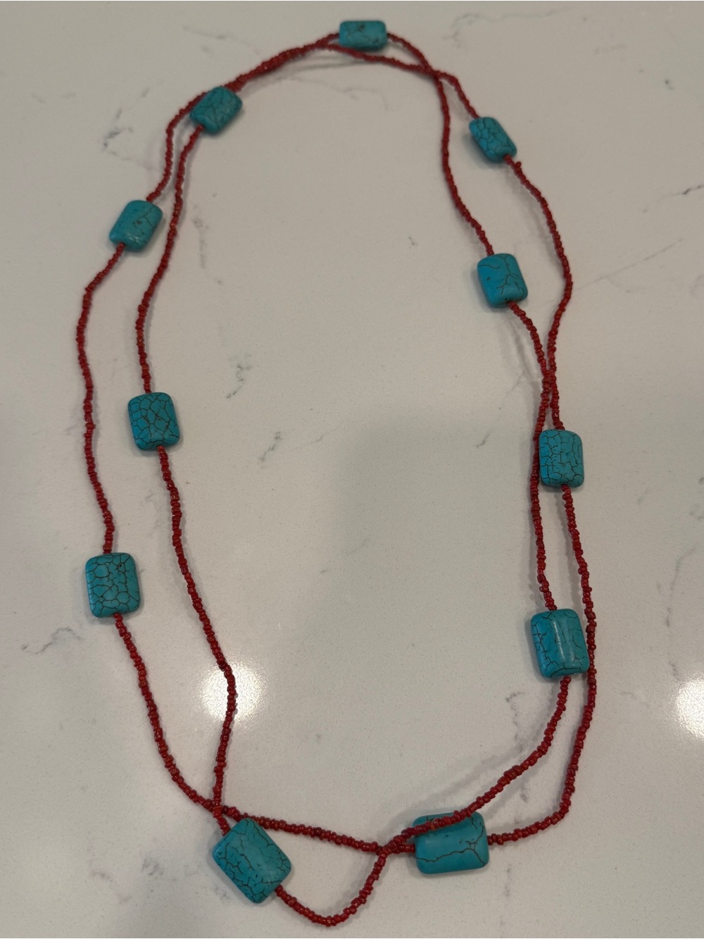 Turquoise & Red Long Beaded Necklace